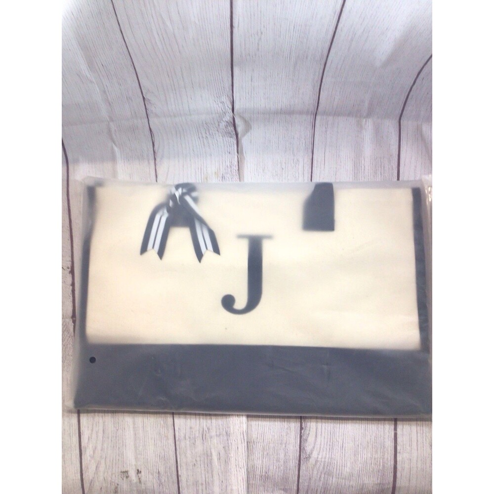 NEW Monogrammed Letter J Black/Creme Canvas Tote Bag Zipper Top Design Brand
